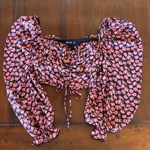 Nasty Gal Pink Floral Puff Sleeve Cropped Blouse